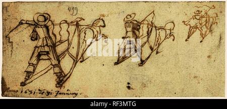 Drei Studien von einem Schlitten mit einem Pferd. Verfasser der Stellungnahme: Gerard Ter Borch (II). Dating: 31-Jan -1631. Ort: Zwolle. Maße: H 80 mm x W 180 mm. Museum: Rijksmuseum, Amsterdam. Stockfoto
