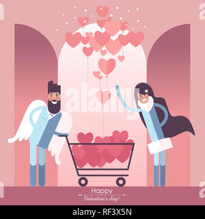 Paar in der Liebe mit Warenkorb und valentines Herz Cute-förmige Ballons Stockfoto