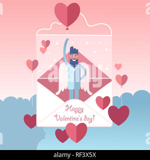 Hochfliegende White-winged bärtige Engel mit Valentines herzförmige Ballons, rosa Himmel Hintergrund. Stockfoto