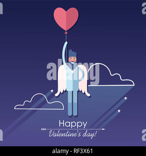 Hochfliegende White-winged bärtige Engel mit Valentines herzförmige Ballons, blauer Himmel. Stockfoto