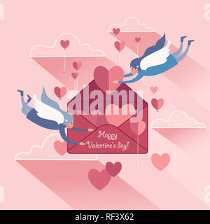 Nettes Paar soaring White-winged Angels mit Valentines, rosa Himmel Hintergrund. Stockfoto