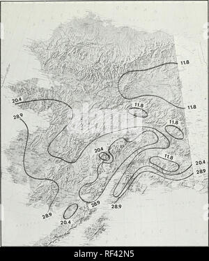 . Brand Saison klimatischen Zonen von Festland Alaska. Waldbrände in Alaska. Abbildung 2.-Karte von Alaska mit isolinie Analyse der PEL Isolinien werden für die mittlere erstellt und für eine Standardabweichung über oder unter dem Mittelwert. 7. Bitte beachten Sie, dass diese Bilder sind von der gescannten Seite Bilder, die digital für die Lesbarkeit verbessert haben mögen - Färbung und Aussehen dieser Abbildungen können nicht perfekt dem Original ähneln. extrahiert. Trigg, William M; in den Vereinigten Staaten. National Weather Service. cn; Pacific Northwest Wald und Experiment Station (Portland, OR. ). Portland, OR. : Pazifik Nordamerika Stockfoto