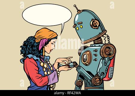 Gypsy Wahrsagerin und Roboter. Handlesen Stock Vektor