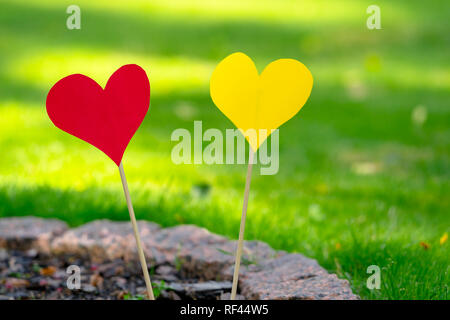 Zwei bunte Papier Herzen auf Holzstäbchen in Gras an einem sonnigen Sommertag eingefügt Stockfoto