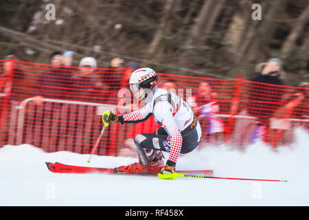 Zagreb, Kroatien - 6. Januar 2019: Istok Rodes aus Kroatien konkurriert während des Audi FIS Alpine Ski World Cup Mens Slalom, Snow Queen Trophy 2019 in Stockfoto