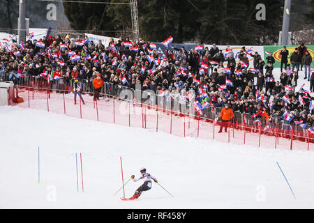 Zagreb, Kroatien - 6. Januar 2019: Istok Rodes aus Kroatien konkurriert während des Audi FIS Alpine Ski World Cup Mens Slalom, Snow Queen Trophy 2019 in Stockfoto