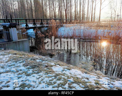 Spreewald im Winter Sonnenaufgang - Spreeforest im kalten Winter Sonnenaufgang Stockfoto