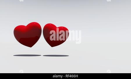 Zwei rote Herzen auf einem weißen Hintergrund, 3D-Rendering Stockfoto