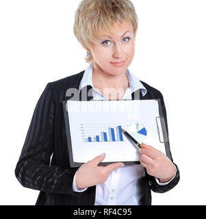 Closeup.business Frau, Grafik auf finanzielle. isoliert auf Weiss. Stockfoto