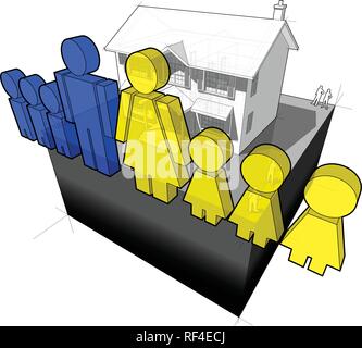 Diagramm eines klassischen Kolonialstil Haus und Familie Zeichen bestehend aus Mann und Frau und sechs Kinder Stock Vektor