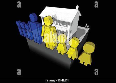 Diagramm eines klassischen Kolonialstil Haus und Familie Zeichen bestehend aus Mann und Frau und sechs Kinder Stock Vektor