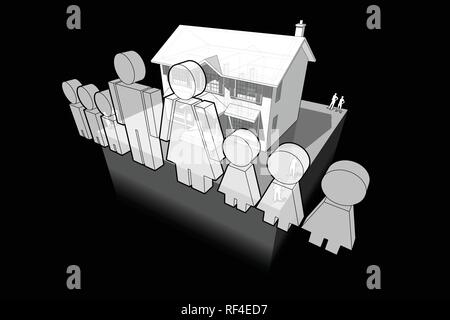 Diagramm eines klassischen Kolonialstil Haus und Familie Zeichen bestehend aus Mann und Frau und sechs Kinder Stock Vektor