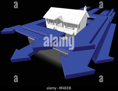 Diagramm eines klassischen Kolonialstil Haus und viele Pfeile Beschleunigung um das Haus in einen abstrakten Business Diagramm Stock Vektor