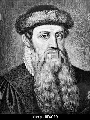 Johannes Gutenberg, einem Deutschen Schmied, Goldschmied, Erfinder, Drucker und Verleger, Drucken in Europa mit der Druckerpresse eingeführt. Stockfoto