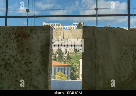 Herrliche Aussicht auf den Parthenon auf der Akropolis Museum gesehen! Stockfoto