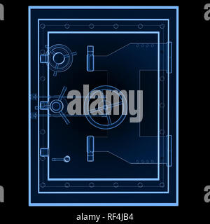 3D-Rendering x-ray metallische Bank Safe oder Stahl sicher isoliert auf Schwarz Stockfoto