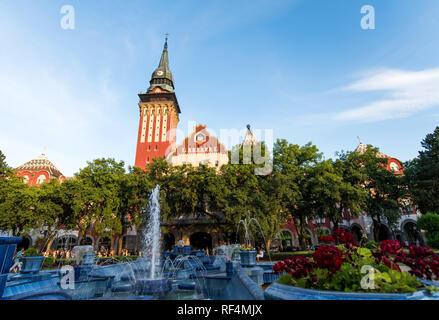 Subotica, Serbien - 15. August 2018: Subotica Kathedrale und Stadtpark mit dem Brunnen in Serbien Stockfoto