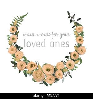 Kranz mit Kräutern. Botanische Illustration. Buchsbaum, Eukalyptus, brunia, Wald, Farn und Blumen eustoma Creme. Datum speichern, Einladungen, Karten. De Stock Vektor