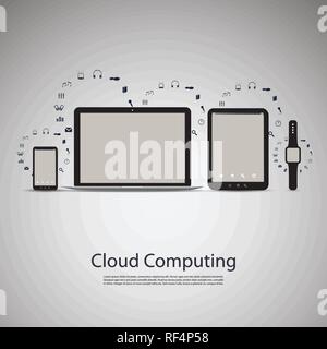 Cloud Computing Konzept - Verbindung, Sync, Download, Upload-Konzept Design für Business und IT mit Symbolen um Drahtlose Mobile Geräte Stock Vektor