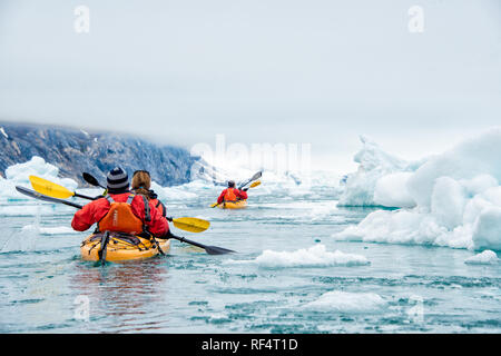 Hornsund | HORNSUND, Svalbard – zwei Tandemkajaks führen sich durch eisiges Eis in Richtung einer Gletscherfront in Hornsund, an der Westküste Spitzbergens im norwegischen Svalbard-Archipel. Der Fjord wird von sechs Gezeitenwassergletschern gespeist, deren Kalben sein Wasser mit Treibeis gefüllt hält, und die umliegenden Gipfel bilden einen Teil des Westspitzbergischen Faltgürtels. Stockfoto