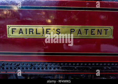 Die fairlie patent Zug Typenschild, Eisenbahnmuseum, Leeman Rd, York, North Yorkshire, England, UK. Stockfoto