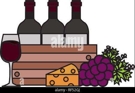 Flasche Wein auf Warenkorb Trauben Käse und Glas Schale Stock Vektor
