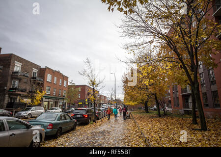MONTREAL, KANADA - NOVEMBER 6, 2018: die Menschen gehen mit während eines regnerischen Herbst am Nachmittag in einer Straße von Le Plateau, einem Wohngebiet distrct von Montreal, Stockfoto