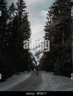 BANFF, Alberta, Kanada - Januar 2019: Scenic street view der Banff Avenue an einem sonnigen Sommertag. Banff ist ein Ferienort und beliebten touristischen Bestimmungen Stockfoto