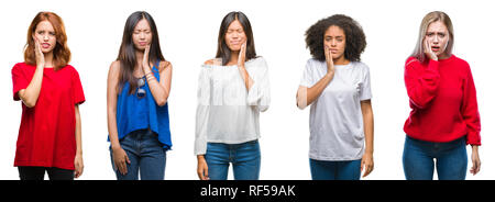 Collage der Gruppe schöne Chinesische, asiatische, afrikanische amerikanische, kaukasischen Frauen über isolierte Hintergrund berühren den Mund mit der Hand mit schmerzhaften Express Stockfoto
