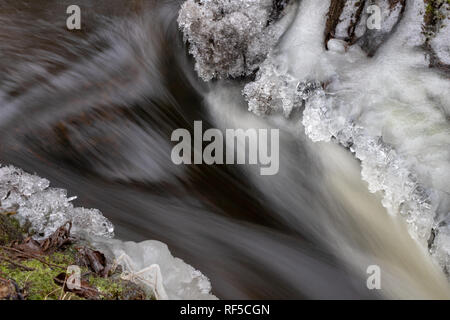 Ein kleiner Fluss zwischen Bäumen mit einem kleinen Wasser Grad fließt. Das Flussbett durch einen Laubwald. Jahreszeit Winter. Stockfoto