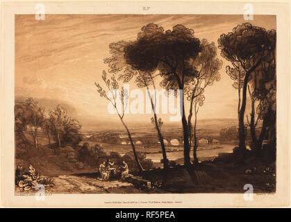 Die Brücke in mittlerer Entfernung. Vom: veröffentlicht 1808. Medium: Radierung, Aquatinta und schabkunst. Museum: Nationalgalerie, Washington DC. Autor: Joseph Mallord William Turner und Charles Turner. TURNER, Joseph Mallord William. Entworfen und von Joseph Mallord William Turner geätzt. Graviert und von Charles Turner veröffentlicht. Stockfoto
