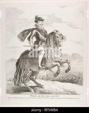 Philipp III., König von Spanien, auf dem Pferd, nachdem Velázquez. Artist: Goya (Francisco de Goya y Lucientes) (Spanisch, Fuendetodos 1746-1828 Bordeaux); Nach Velázquez (Diego Rodríguez de Silva y Velázquez) (Spanisch, Sevilla, Madrid, 1599-1660). Maße: Blatt: 16 1/4 x 13 7/16 in. (41,2 × 34,1 cm) Platte: 14 15/16 x 12 3/16 in. (38×31 cm). Sitter: Philip III (Felipe III., König von Spanien (1578-1621). Datum: 1778. Museum: Metropolitan Museum of Art, New York, USA. Stockfoto