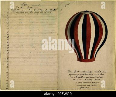 Heißluftballon und Liste der Teilnehmer. Verfasser: Anonym. Datierung: 1700 - 1800. Maße: h 312 mm × w 198 mm; w 396 mm. Museum: Rijksmuseum, Amsterdam. Stockfoto