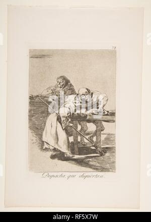 Platte 78 aus 'Los Caprichos': schnell sein, sie aufwachen (Despacha, que dispiertan.). Artist: Goya (Francisco de Goya y Lucientes) (Spanisch, Fuendetodos 1746-1828 Bordeaux). Abmessungen: Platte: 8 9/16 x 5 15/16 in. (21,8 × 15,1 cm) Blatt: 12 1/4 x 8 5/16 in. (31,1 x 21,1 cm). Serie/Portfolio: Los Caprichos. Datum: 1881-86. Museum: Metropolitan Museum of Art, New York, USA. Stockfoto