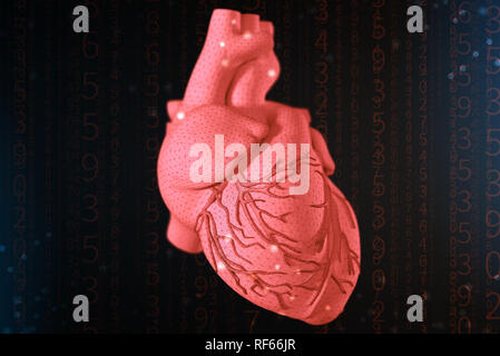 3d-Abbildung rot des menschlichen Herzens mit mesh Textur Modellierung auf abstrakte futuristischen blauen Hintergrund. Konzept der digitalen Technologien in der Medizin Stockfoto