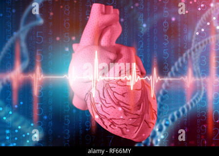 3D-Illustration des menschlichen Herzens und Elektrokardiogramm mit mesh Textur Modellierung auf abstrakte futuristischen blauen Hintergrund. Konzept der digitalen Technologien in mir Stockfoto