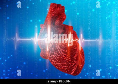 3D-Illustration des menschlichen Herzens und Elektrokardiogramm mit mesh Textur Modellierung auf abstrakte futuristischen blauen Hintergrund. Konzept der digitalen Technologien in mir Stockfoto