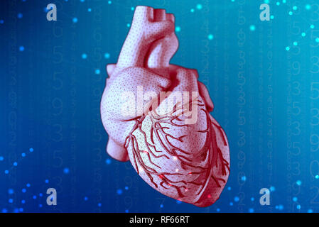 3D-Illustration des menschlichen Herzens mit mesh Textur Modellierung auf abstrakte futuristischen blauen Hintergrund. Konzept der digitalen Technologien in der Medizin Stockfoto