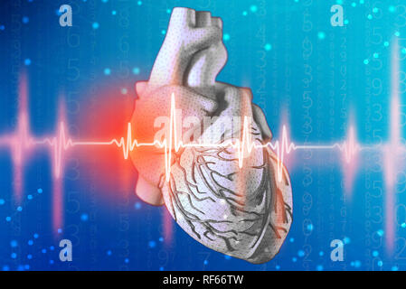 3D-Illustration des menschlichen Herzens und Elektrokardiogramm mit mesh Textur Modellierung auf abstrakte futuristischen blauen Hintergrund. Konzept der digitalen Technologien in mir Stockfoto