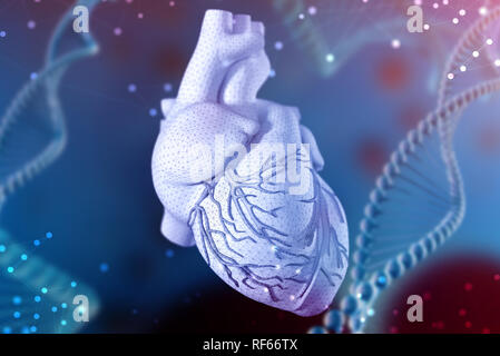 3D-Illustration des menschlichen Herzens mit mesh Textur Modellierung auf abstrakte futuristischen blauen Hintergrund. Konzept der digitalen Technologien in der Medizin Stockfoto