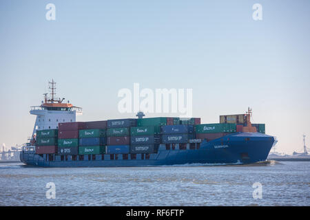 Hoek van Holland, Niederlande - 20 Januar 2019: cargo Shipping Container schiff Spiegel segeln ausserhalb des Hafens Rotterdam Vergangenheit Hoek van Holland und Ma Stockfoto
