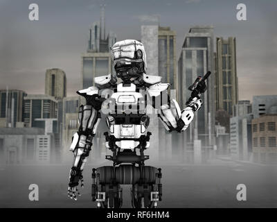 Bild eines futuristischen Roboter Soldat mit Gewehr, stand vor einer Science Fiction inspirierten Stadt. Stockfoto