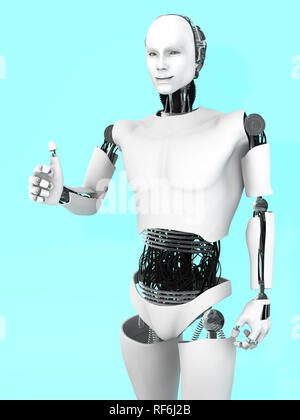 Ein lächelnder Mann Roboter tun einen Daumen nach oben mit seiner Hand. Bläulichen Hintergrund. Stockfoto
