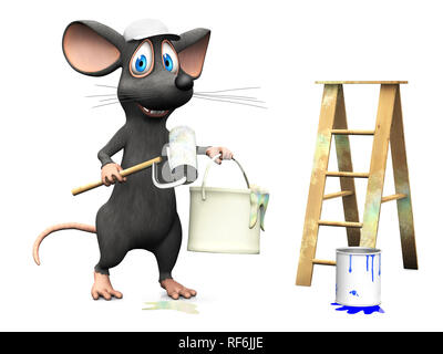 Ein nettes Lächeln cartoon Maus mit einer Farbe können und eine Walze, bereit, zu malen. Weißer Hintergrund. Stockfoto