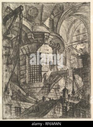 Der runde Turm, von "Carceri d'invenzione" (imaginäre Gefängnisse). Artist: Giovanni Battista Piranesi (Italienisch, Mogliano Veneto Rom 1720-1778). Maße: Blatt: 24 13/16 x 19 1/2 in. (63 x 49,5 cm) Platte: 21 7/16 x 16 5/16 in. (54,5 x 41,5 cm). Herausgeber: Giovanni Bouchard (Französisch, Ca. 1716-1795). Datum: Ca. 1749-50. Ein Eingeborener von Venedig, Piranesi in Rom im Alter von 20 und wo er blieb für den Rest seines Lebens. Rom war die Inspiration für das Thema der meisten seiner Radierungen, die Zahl der über Tausend und. Piranesi studierte Architektur, Maschinenbau und Konstruktion der Bühne, und seine erste Stockfoto