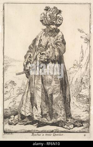 Pasha greifen ein Schwert an seiner Hüfte mit beiden Händen, aus der Serie "Karawane des Sultans nach Mekka" (Caravane du Sultan à la Mecque). Artist: Joseph Marie Vien (Französisch, Montpellier, Paris 1716-1809). Maße: Blatt: 14 11/16 x 10 7/16 in. (37,3 x 26,5 cm) Platte: 8 x 5 1/4 in. (20,3 x 13,3 cm). Serie/Portfolio: Karawane der Sultan nach Mekka (Caravane du Sultan à la Mecque). Datum: 1748. Museum: Metropolitan Museum of Art, New York, USA. Stockfoto