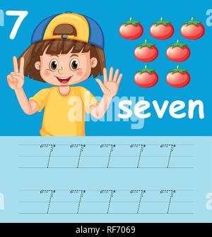 Nummer sieben Tracing alphabet Arbeitsblätter Abbildung Stock Vektor