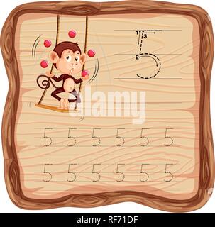 Nummer fünf Tracing alphabet Arbeitsblätter Abbildung Stock Vektor