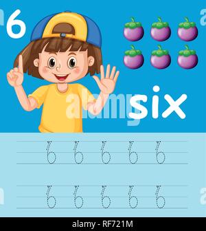 Nummer Sechs tracing Alphabet Arbeitsblätter Abbildung Stock Vektor