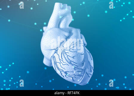 3D-Illustration des menschlichen Herzens mit mesh Textur Modellierung auf abstrakte futuristischen blauen Hintergrund. Konzept der digitalen Technologien in der Medizin Stockfoto